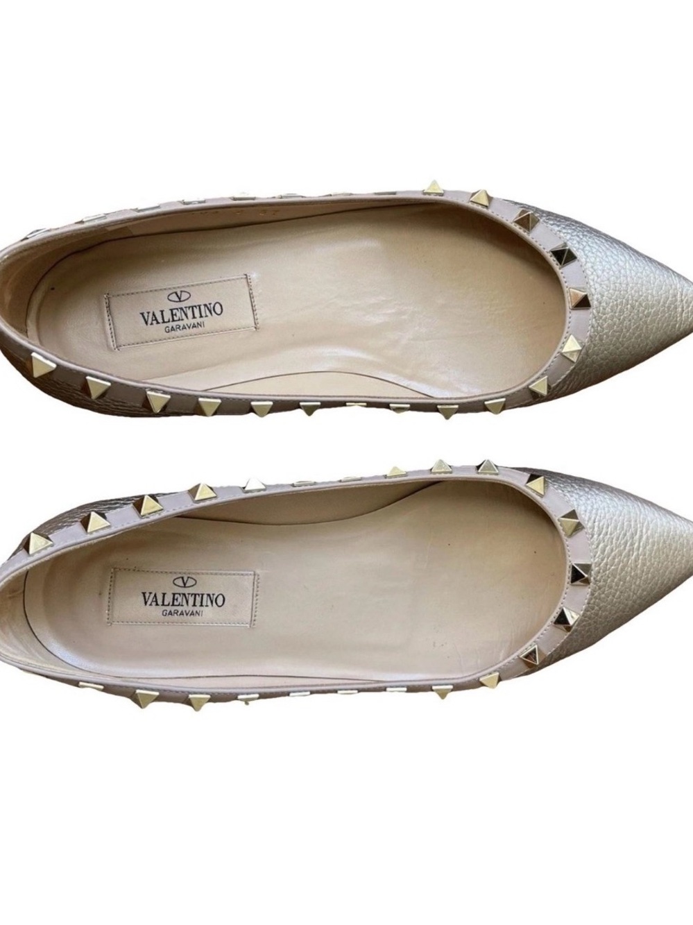 Valentino Gold-Tone Rockstud Pointed Leather Flats